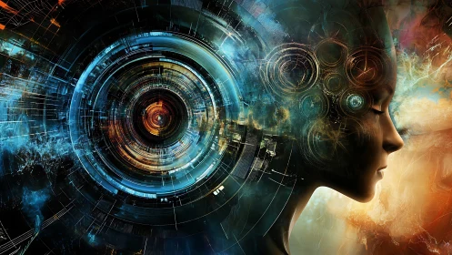 Cyborg profile merged with circular digital interface construct.