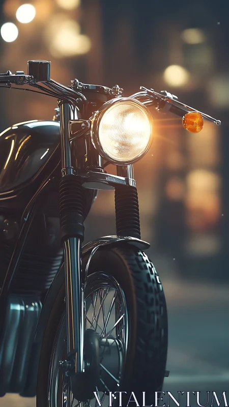 Classic cafe racer headlight glows along blurred city street