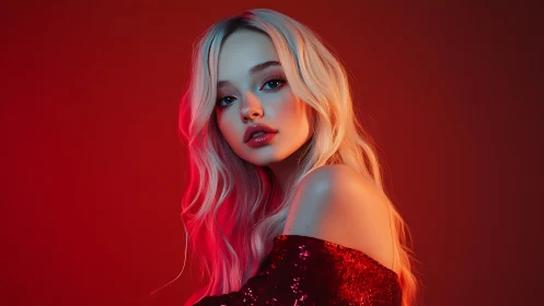 Crimson gel-lit blonde portrait with shimmering sequined gown.