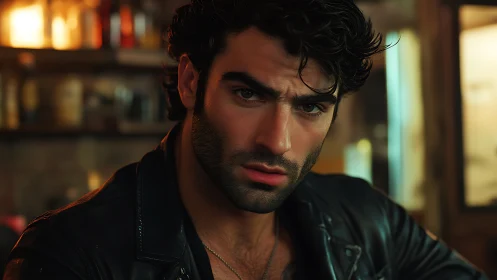 Cinematic low‑key portrait of man in leather jacket indoors.