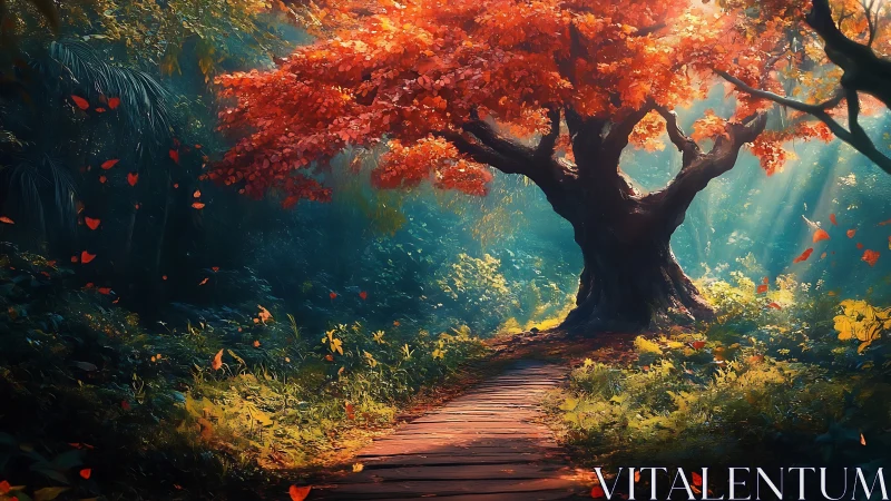 Scarlet guardian tree crowns a sunlit forest pathway.