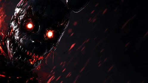 Burning demonic animatronic head glows in darkness