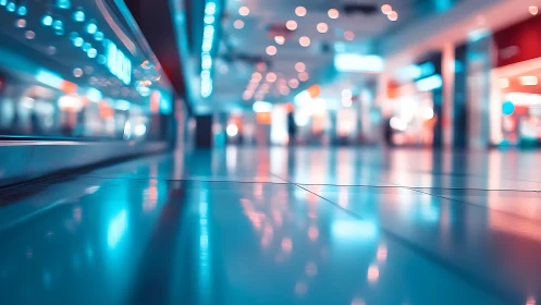 Neon mall corridor glows across polished reflective floor