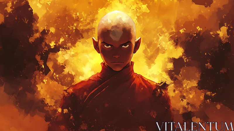 Bald monk portrait against high-contrast fiery bokeh field