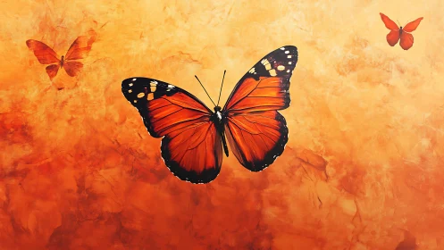 Central orange butterfly is depicted against diffuse warm backdrop