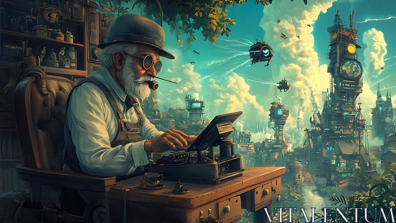 Elderly steampunk writer at typewriter in retrofuturist sky city