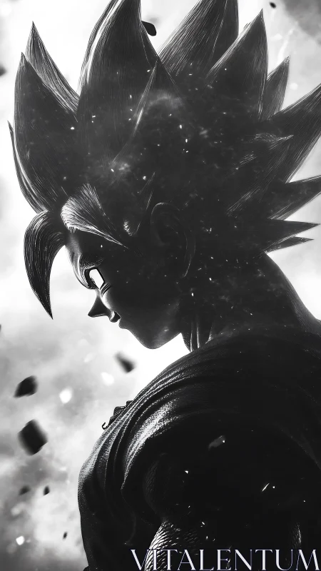 Saiyan warrior stands in dramatic monochrome profile.