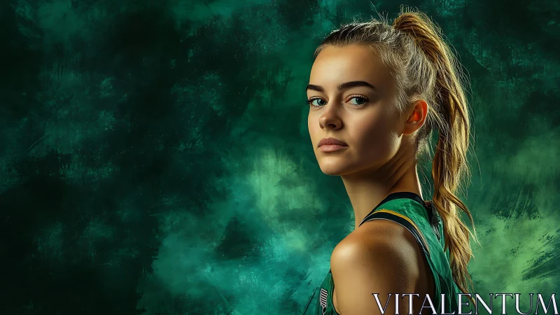 Calm athlete in emerald light, quietly ready to rise.