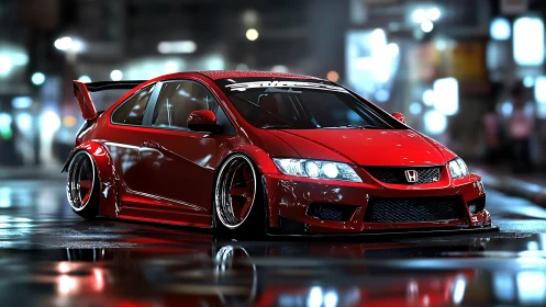 Midnight red Honda hero cruising neon-soaked city streets.