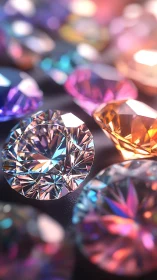 Macro render of multicolor faceted gemstones on dark surface