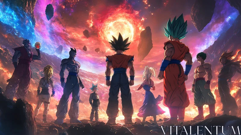 Cosmic warriors stand united before a collapsing sun.