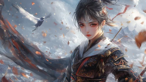 Stormlit warrior maiden and skyborne bird in swirling leaves.