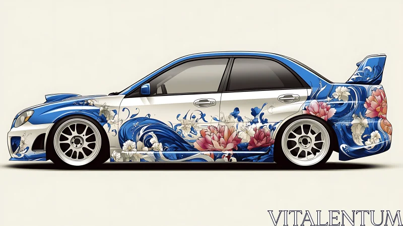 Sports sedan with blue floral livery and racing stance.