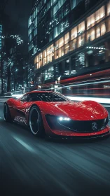Red futuristic supercar races through neon city street