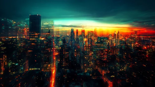 City skyline shows neon-lit buildings at fast dusk