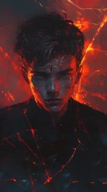 Brooding ember-lit portrait within fractured shadows.