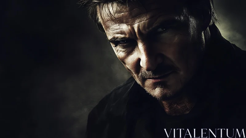 Portrait shows middle-aged man in hard side lighting