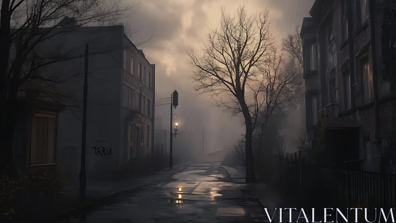 Quiet wet street at dusk with bare trees and foggy sky.