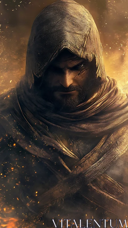 Mysterious hooded wanderer emerging through drifting embers.