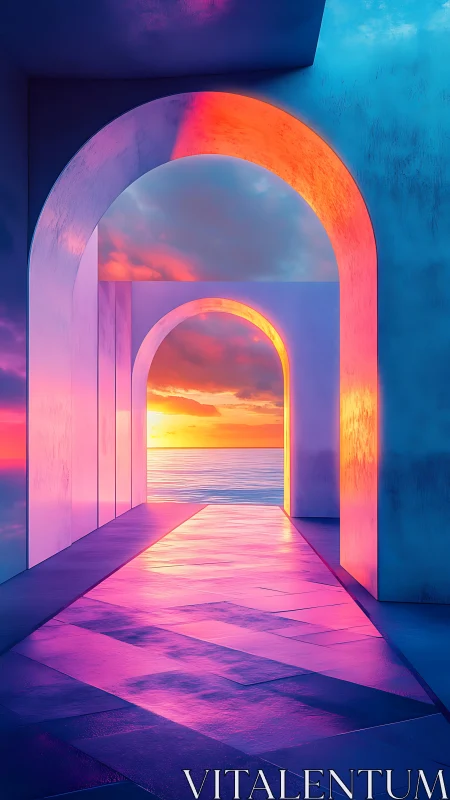 Glowing seaside arches open onto a radiant dream horizon