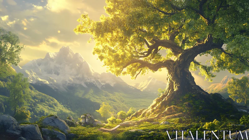 Large tree dominates illuminated mountain valley landscape scene