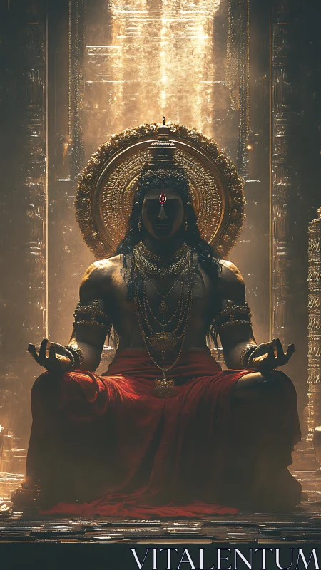 Seated deity figure in ornate golden shrine interior.