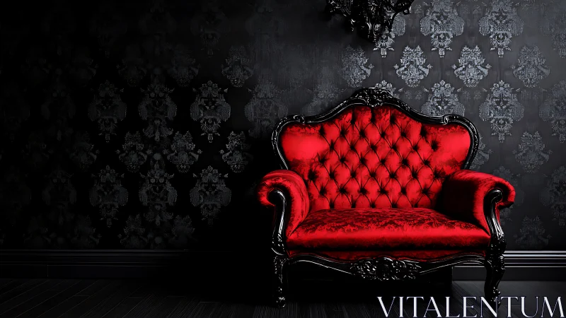 Baroque red velvet sofa anchors high-contrast gothic interior