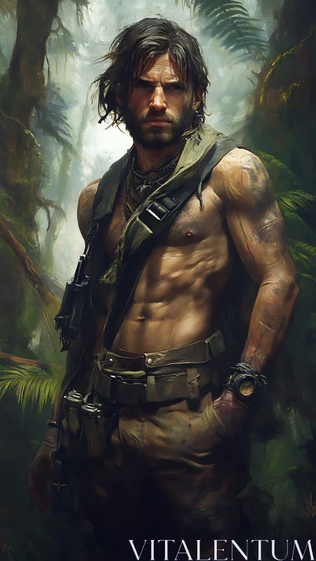 Battle-hardened jungle warrior stands in misty rainforest