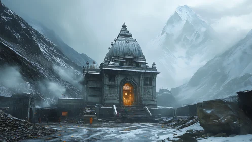 Snow-covered mountain temple entrance with glowing interior.