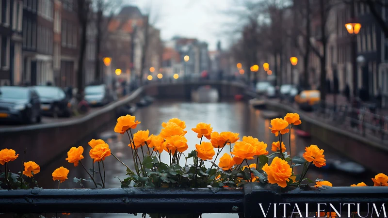 Orange Flowers Overlooking Amsterdam Canal.