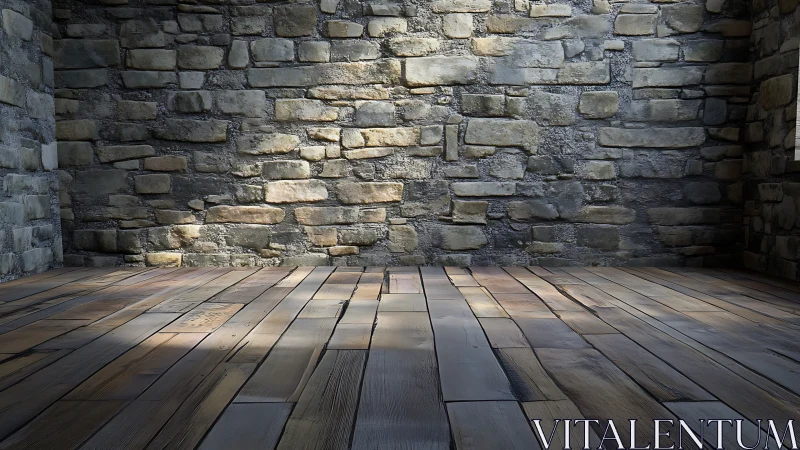 Rustic stone wall and wooden floor in controlled studio lighting