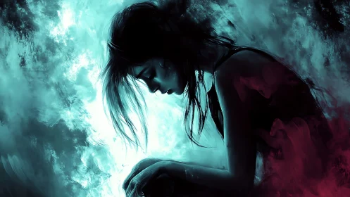 Solitary woman in moody teal and magenta abstract light.