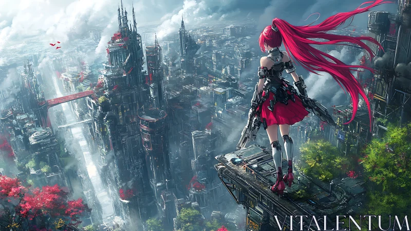 Crimson cybergirl surveying a mist-soaked neon megacity.