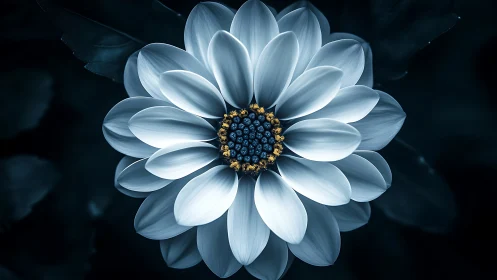 White Daisy with Golden Stamen Against Deep Teal Background.