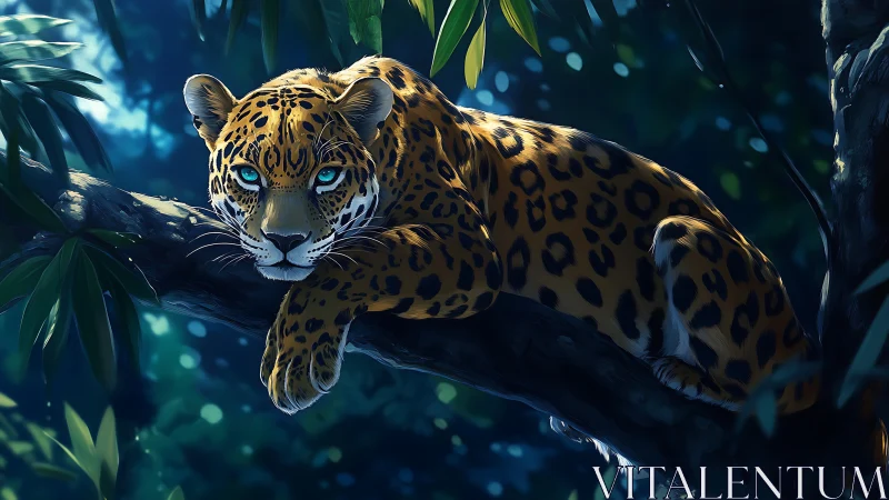 Luminous Jaguar: Piercing Blue Eyes in Jungle Shadows.