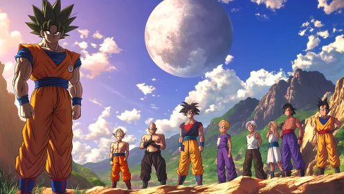 Panoramic anime lineup of fighters under large moonlit sky