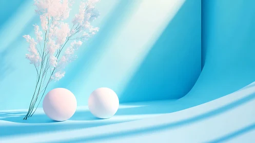 Soft spheres daydream under sky-blue minimalist waves