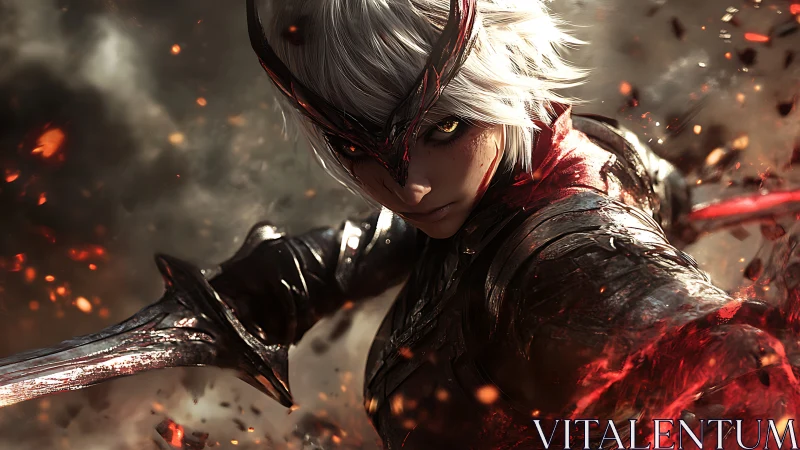 Armored white-haired warrior framed by molten embers in dynamic lunge