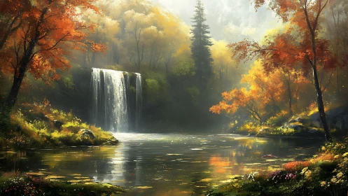 Radiant autumn watershed with luminous misted cascade flow.
