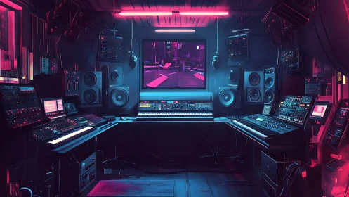 Neon-lit cyberpunk music studio packed with synth gear.
