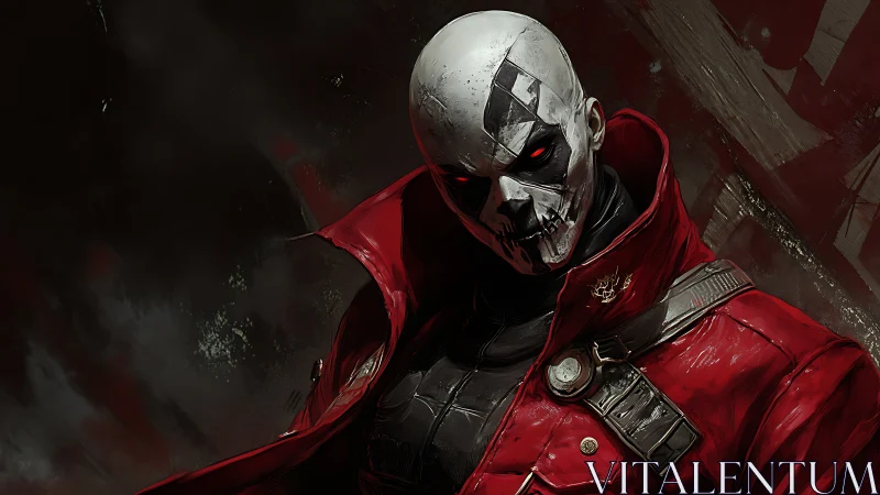 Red-coated skull-faced soldier in dark digital portrait.