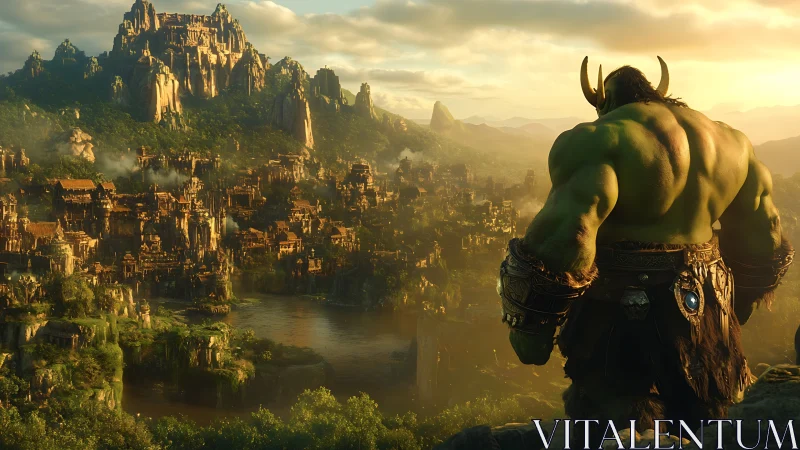 Orc warlord overlooking sunlit ancient fantasy citadel.