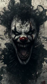 Snarling demonic clown portrait erupts from splattered darkness