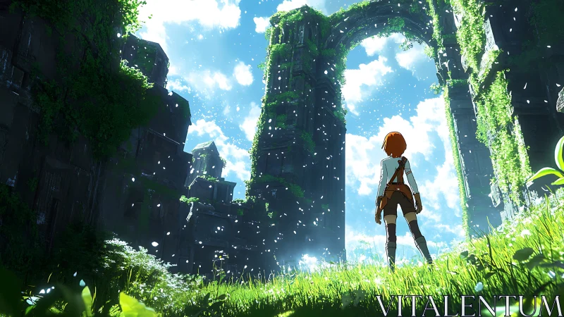 Explorer watching sunlight over overgrown stone ruins.