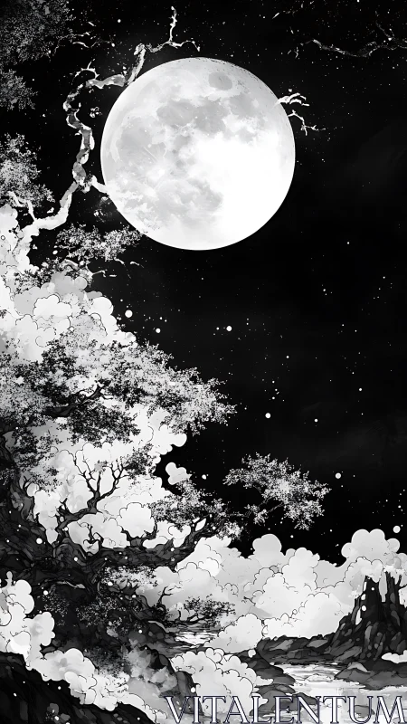 Moonlit ink forest breathes beneath a luminous night sky