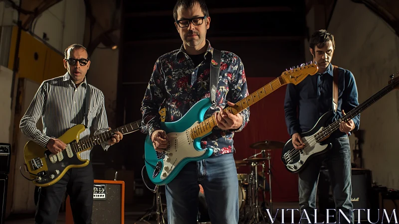 Indie rock trio performing electric guitars in warehouse.
