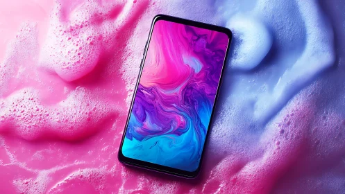 Bezel less smartphone rests on vivid pink and blue foam