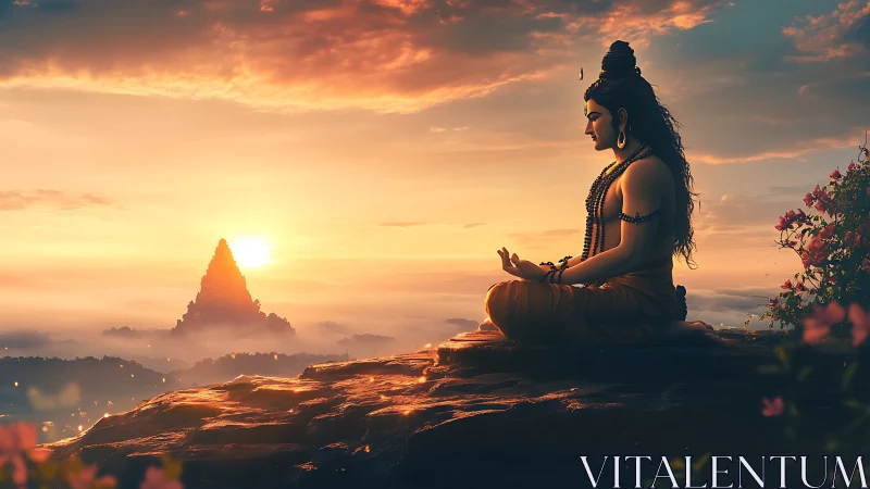 Solitary robed figure meditating on cliff at sunrise.