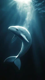 Solitary whale rendered underwater in vertical blue light.