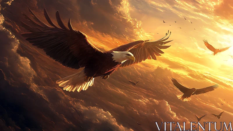 Majestic Bald Eagles Soaring Through Dramatic Sunset Clouds.